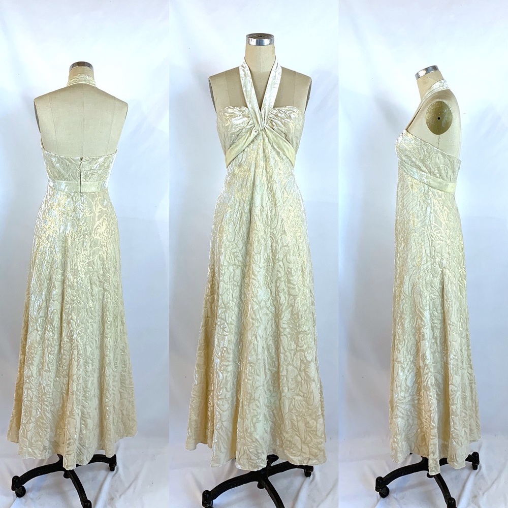 Carmen Marc Valvo Maxi Dress Gold Metallic & Velvet 8